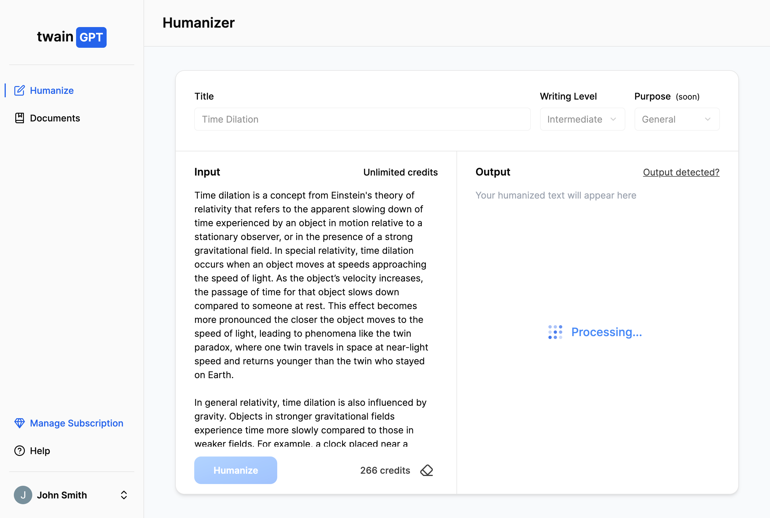 twainGPT dashboard