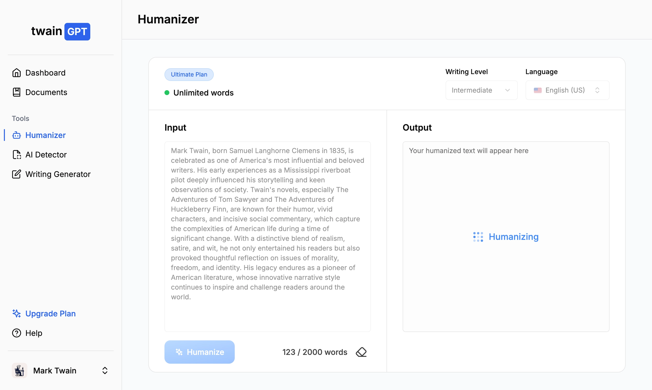 TwainGPT dashboard